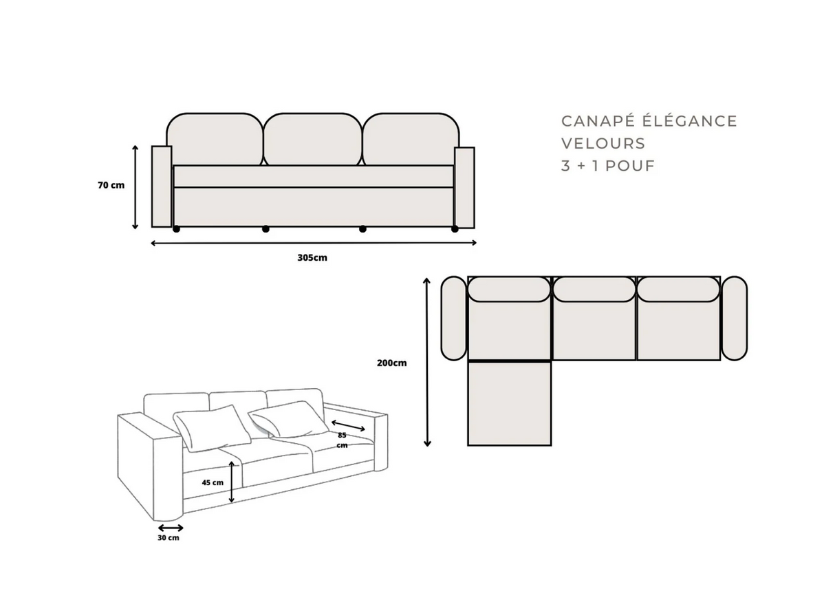 Canapé Élegance Velours Modulable 3+1