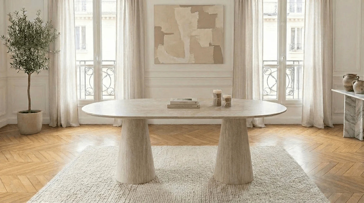 Table repas Iconic céramique travertin